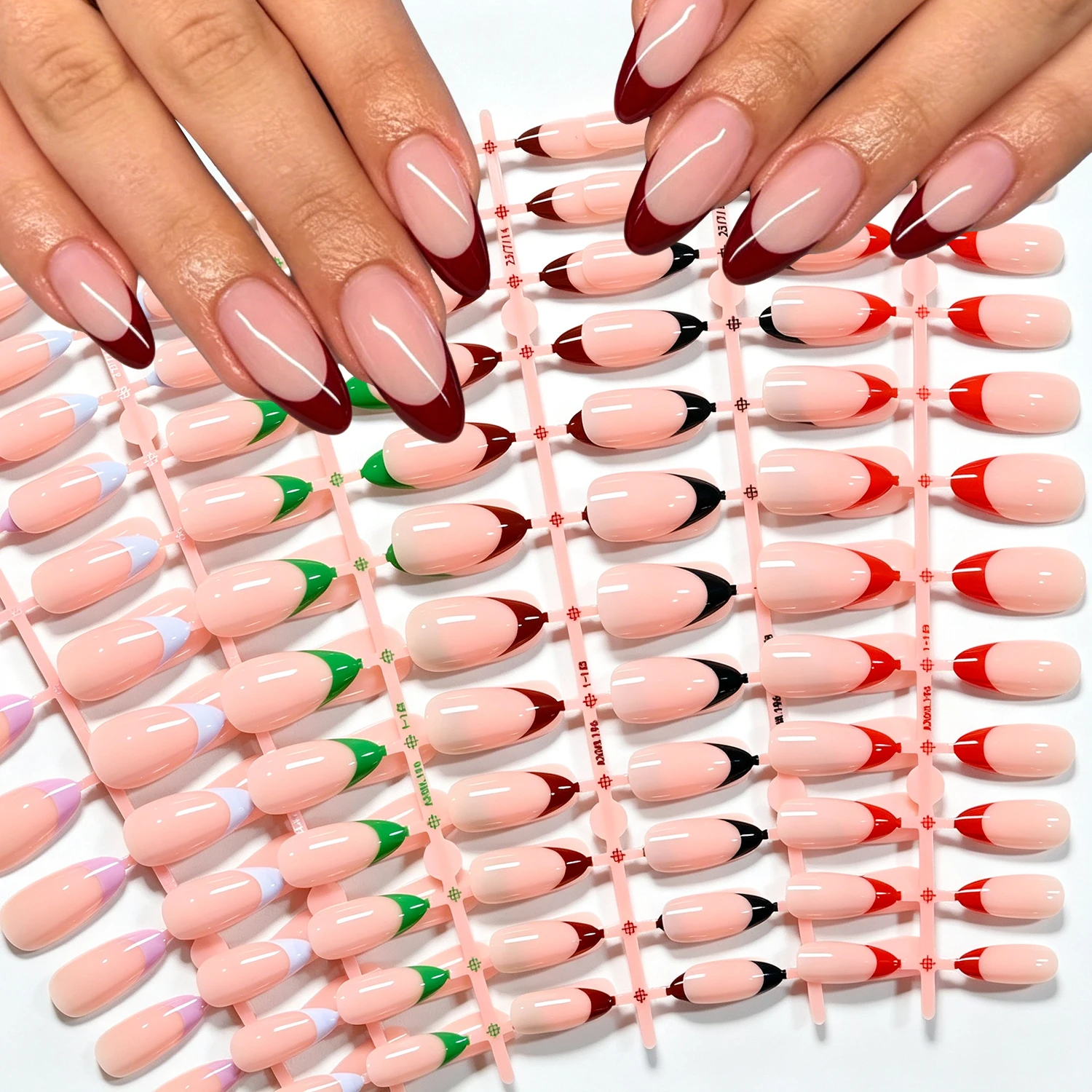 144pcs Red Series French Almonds Gel Fake Nails Glossy Black French Fingertips Press On Gel Nails Summer Acrylic Artificial Nail