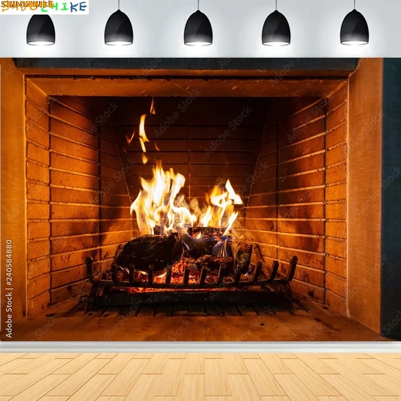 

Christmas Holiday Warm Home Photography Backdrops Fireplace Crackling Flames Party Wood Burning Photo Studio Background FD-01