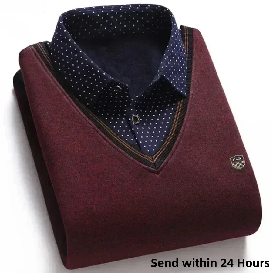 New  Men's Warm Velvet Padded Shirt Collar Sweater Loose Knit Slim Sweater Men Winter Fake Two-piece Sweater Male Warm Tops