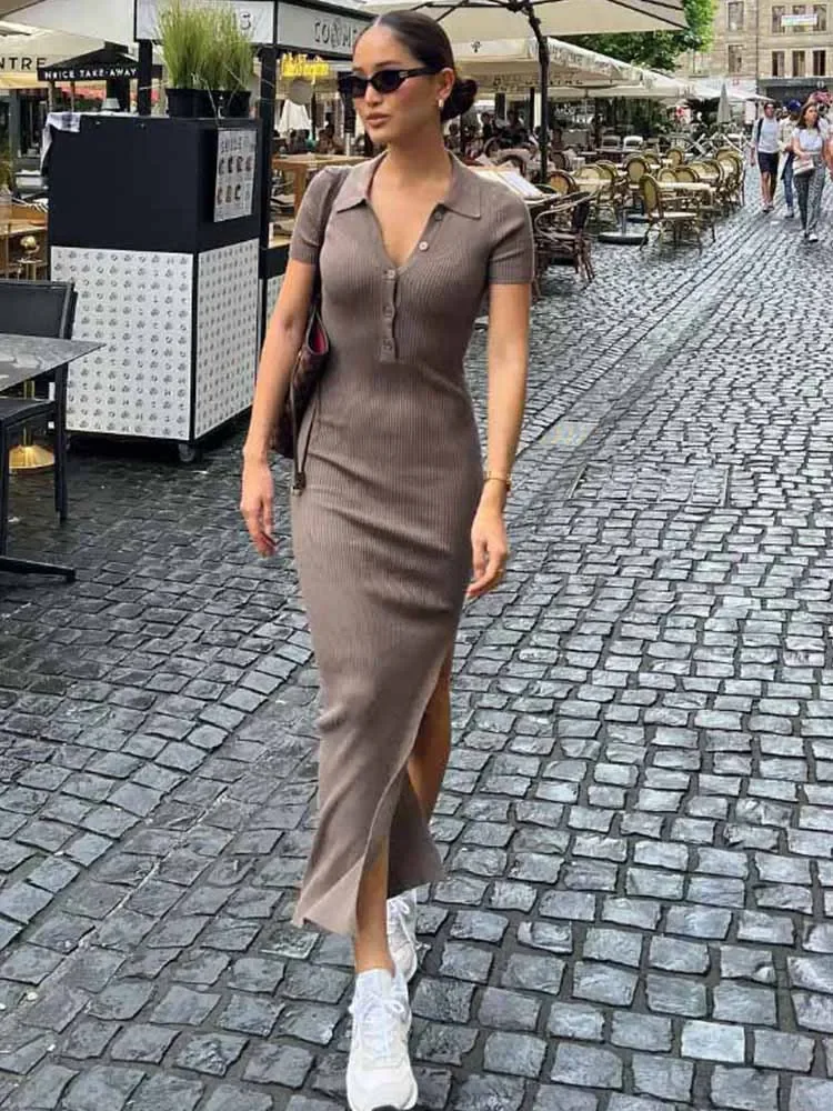 Elegant Office Lady Long Dresses Women Solid Fashion Lapel Short Sleeve Button Side Slit T-shirt Dress Body-Shaping Street Robe