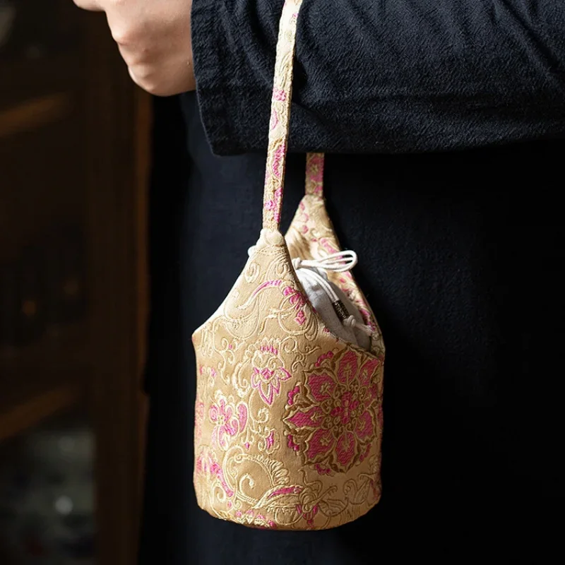 Embroidery Teaware Storage Bag Floral Pattern Cotton Teacup Protective Dustproof Pouch Accessory Outdoor Portable Drawstring Bag