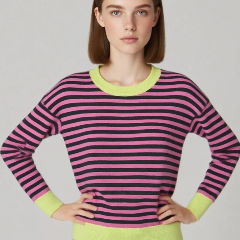 

Black Pink Knitted Striped Sweater Women Loose Casual Round Neck Long Sleeve Female Pullovers 2025 Autumn Lady Street Jumper y2k