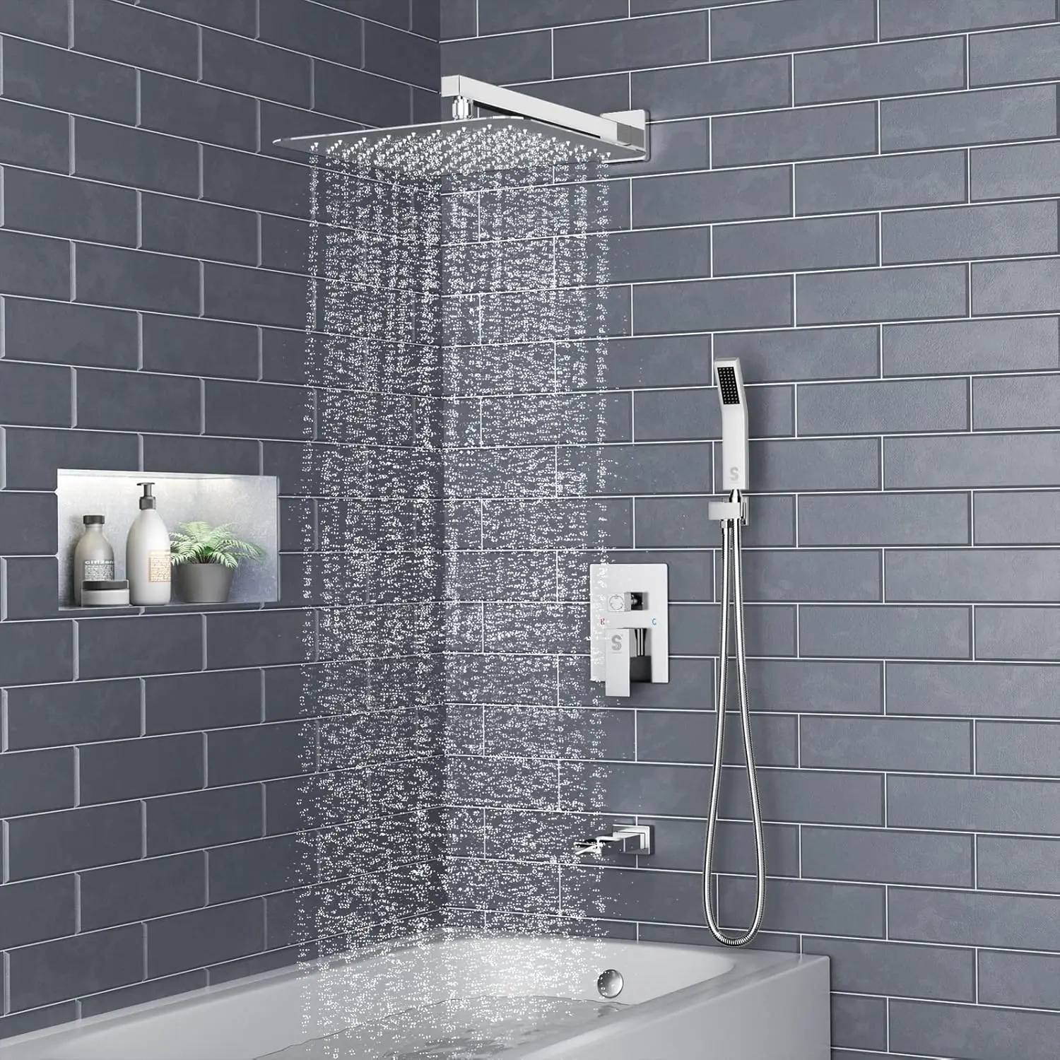 12 Inches All Metal Square Shower System with Tub Spout, Tub Shower Faucet Set, High Pressure Rain Shower Head and H