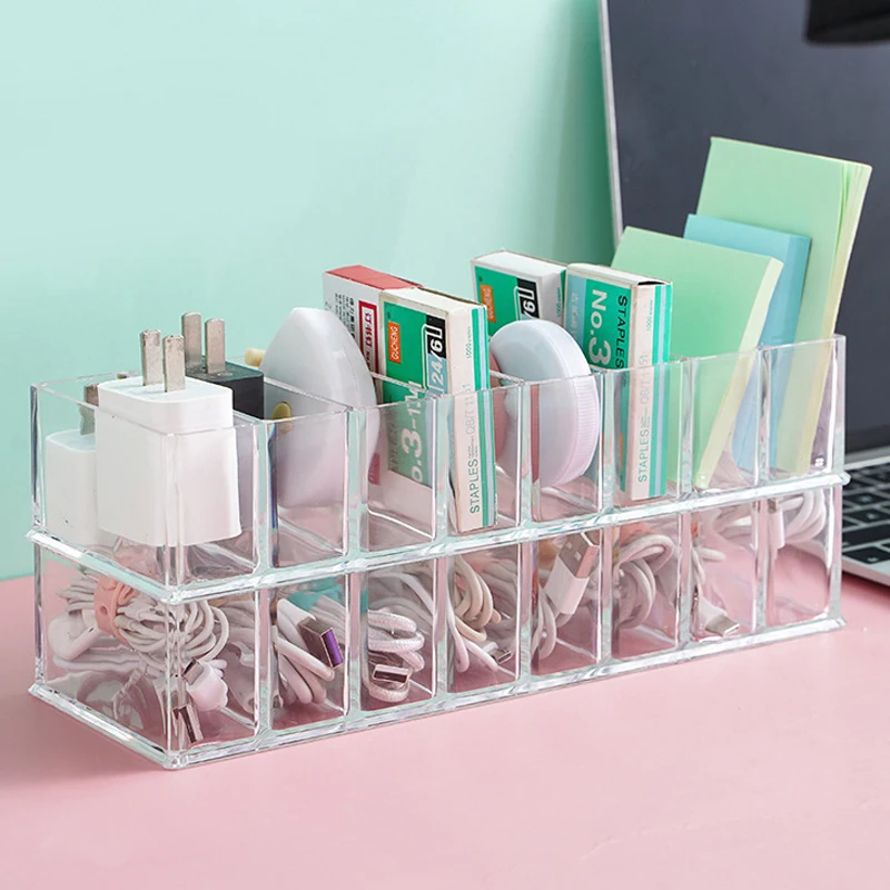 The transparent plastic Data Cable Storage Box household cable MobilePhone Charger Charging Cable Finishing Box Divided Grid Box