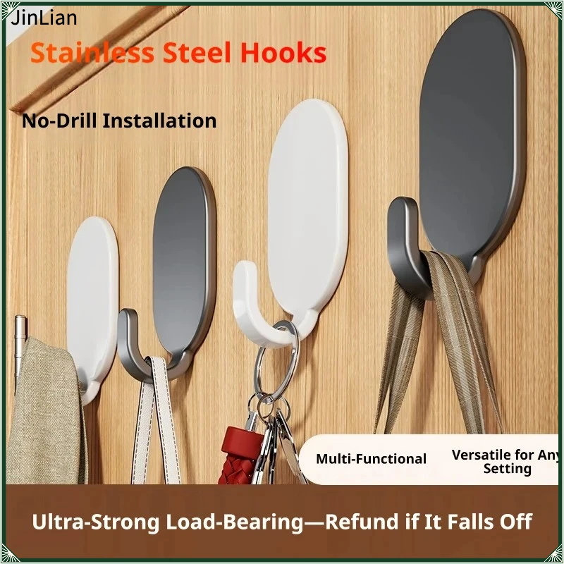 Drill-Free Load-Bearing Stainless Steel Hooks with Strong Adhesive - Trace-Free Adhesive Hooks for Kitchen, Bathroom