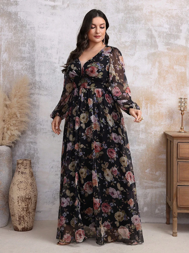 TOLEEN-Abito lungo da donna con stampa floreale, taglie forti, primavera, elegante, vita, spacco arricciato, orlo grande, casual, Boho, vacanza, 2024