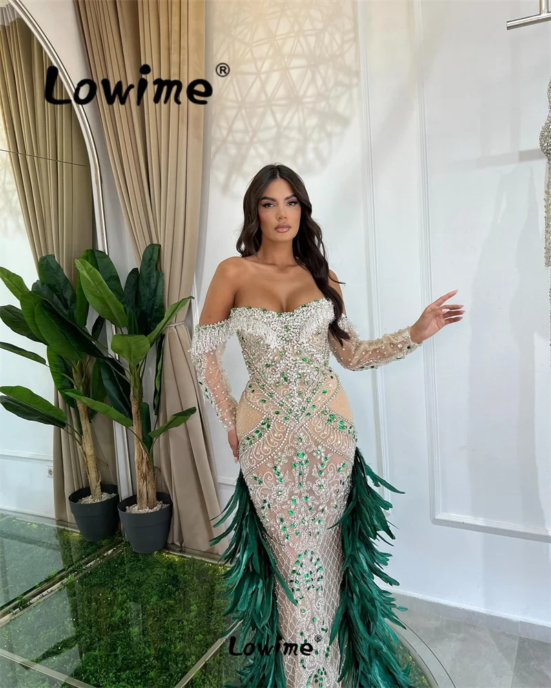 Luxury Green Feathers Mermaid Prom Dress Off Shoulder Crystals Celebrity Dresses Aso Ebi Women Evening Gowns Wedding Party Dress