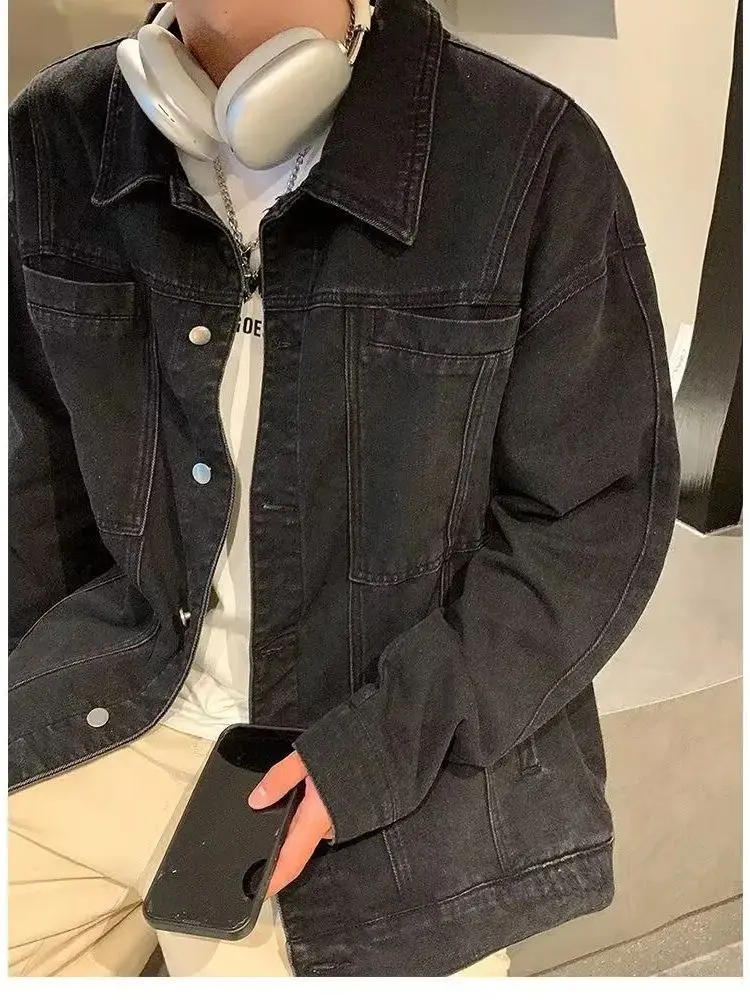 سترة رجالية من قماش الدنيم للخريف والشتاء، مزيج قطني مريح قابل للتمدد، غسيل متعثر، ملابس خارجية كاجوال بغطاء للرأس #5