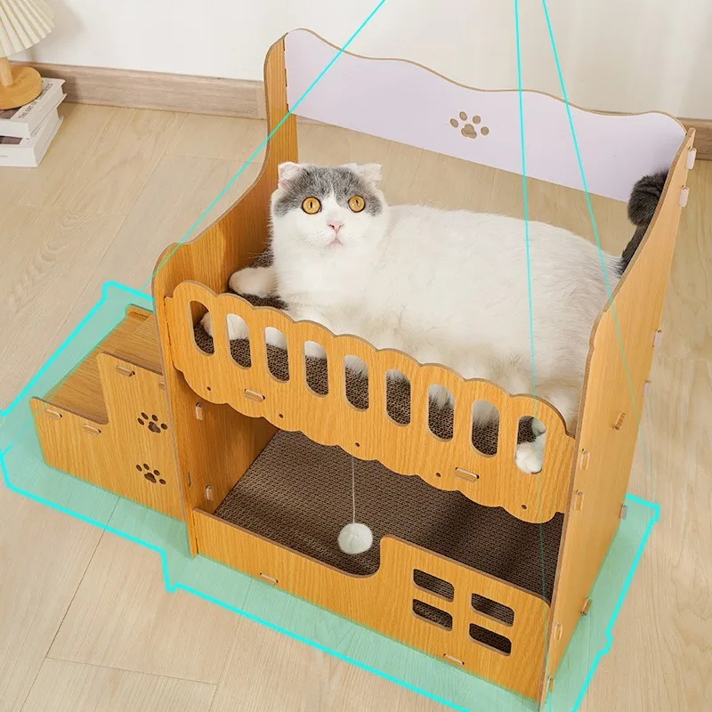 HONEY PET Corrugated Square Cat Nest Wooden Replaceable Cat Claw Board Bed Vertical Double Layer Villa Accessories Scraper