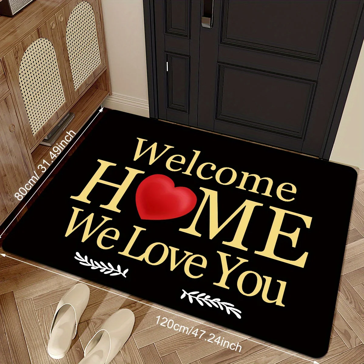 1 piece Welcome Home Doormat, Red Love Heart Black Background Lettering Elements Printed Mat, Suitable for Entrance, Bathroom
