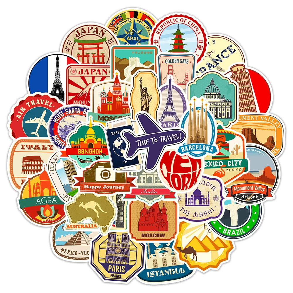 10/30/50PCS World Landmark Travel Cartoon Graffiti Stickers Laptop Phone Snowboard bagagli frigorifero decalcomania fai da te Kid Toy Cool Sticker