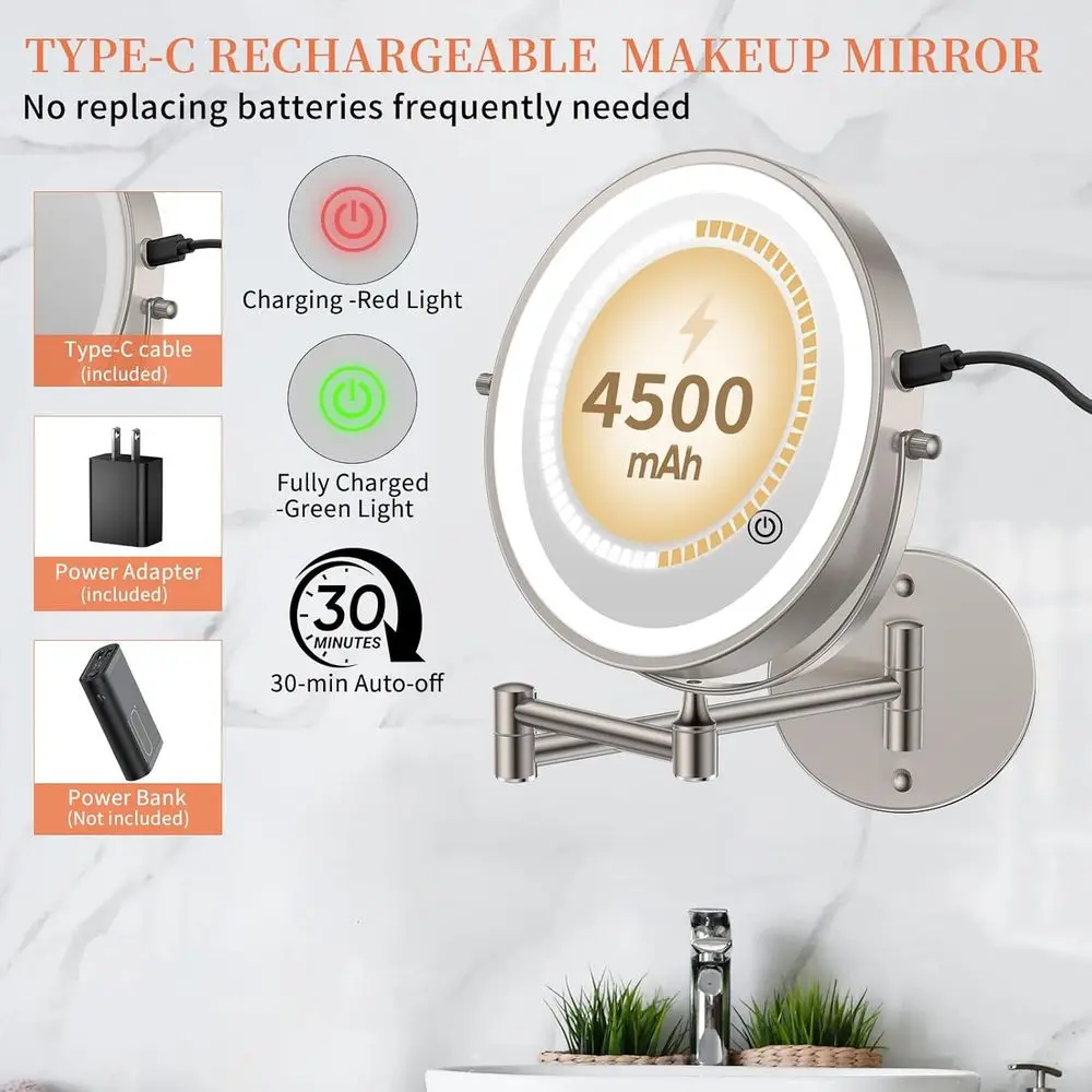 مرآة مكياج مضيئة على الحائط مقاس 30X/1X مع 360 درجة ° ذراع دوار، يعتم باللمس، وبطارية 4500 مللي أمبير، لمسة نهائية من النيكل #3