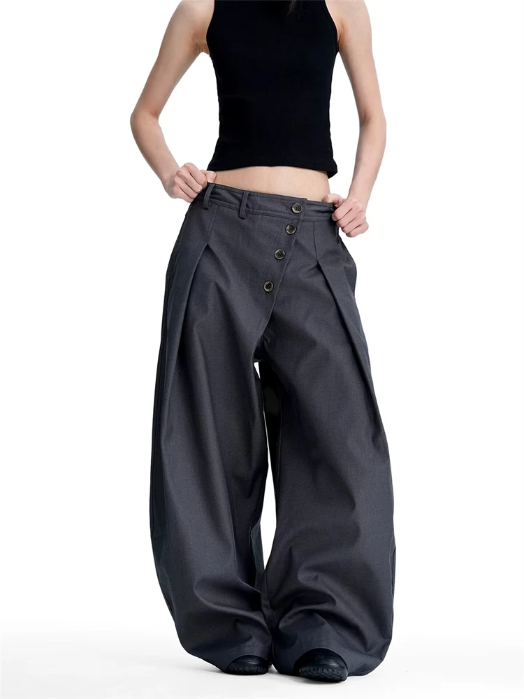 Women's Diagonal Buckle Gray Pants Commuting Style Women Bottoms Casual Y2k Wide Leg Sweatpants Female High Waisted Trousers