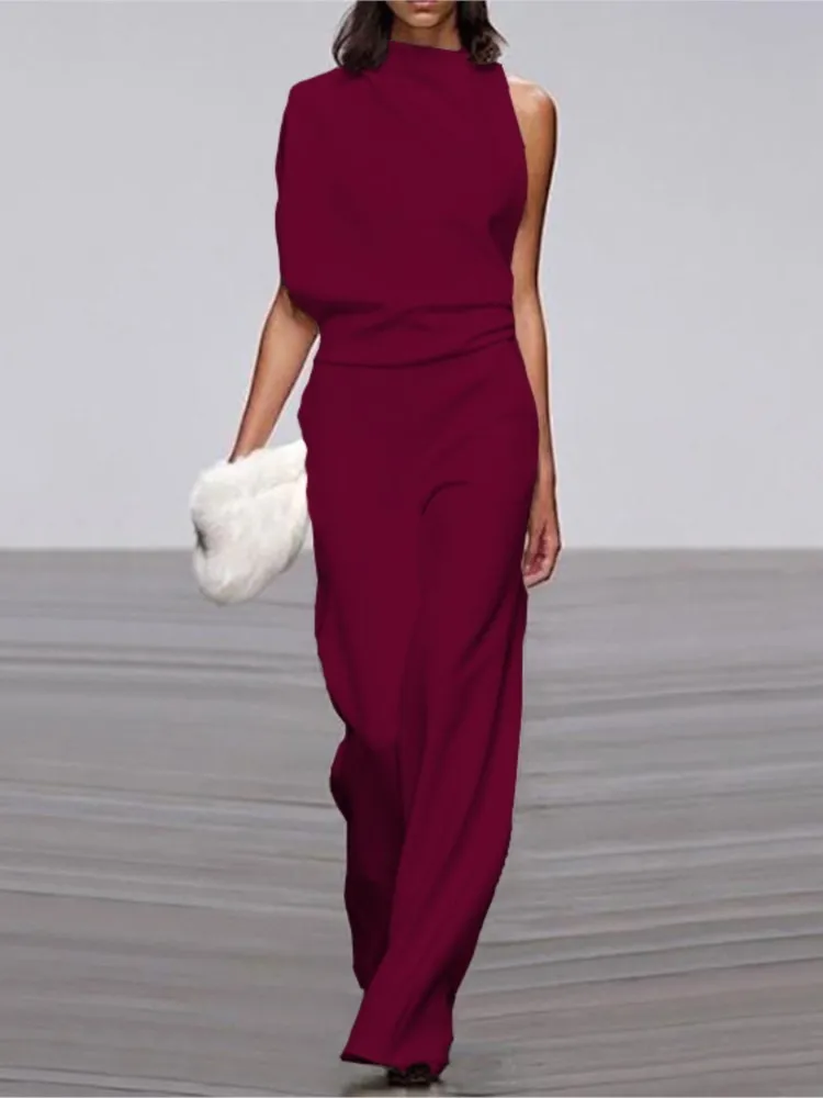 Jumpsuit Kerah Tumpuk Satu Bahu Fashion Warna Polos Sederhana Musim Semi dan Musim Panas Jumpsuit Berongga Berlipat Pinggang Tengah Gaya Inggris