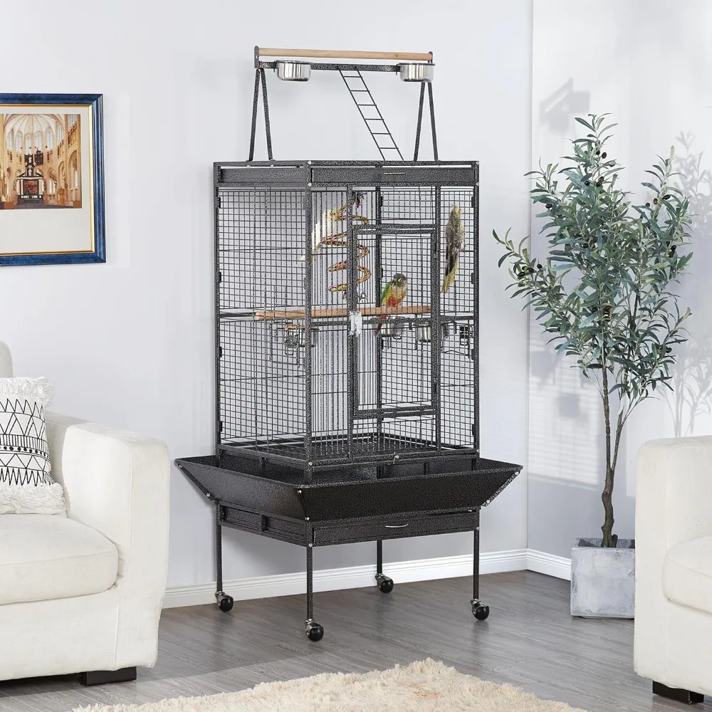 68-inch Wrought Iron Play Top Large Bird Cage Black Heavy-duty Metal Construction Slide-out Tray Grille with Handle Bird Cages