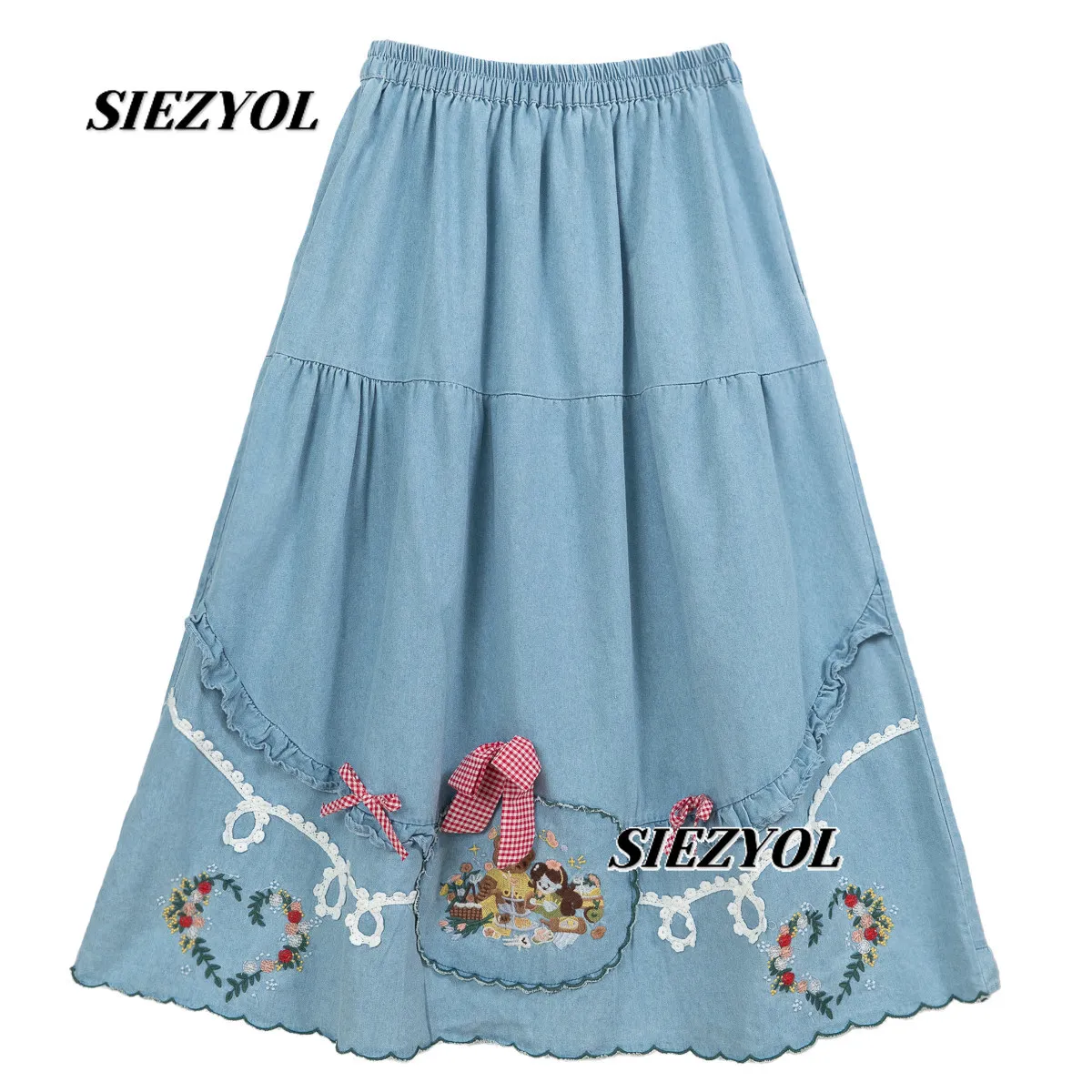 Cute Heavy Industry Embroidered Bow Denim Skirt Autumn New Fashion Versatile Sweet Girls Elastic High Waist Long Skirts