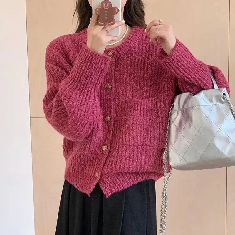 

Round Neck Women's Knitted Cardigan Autumn and Winter Chic Top Loose and Lazy Style Sweater Coat Raspberry Red