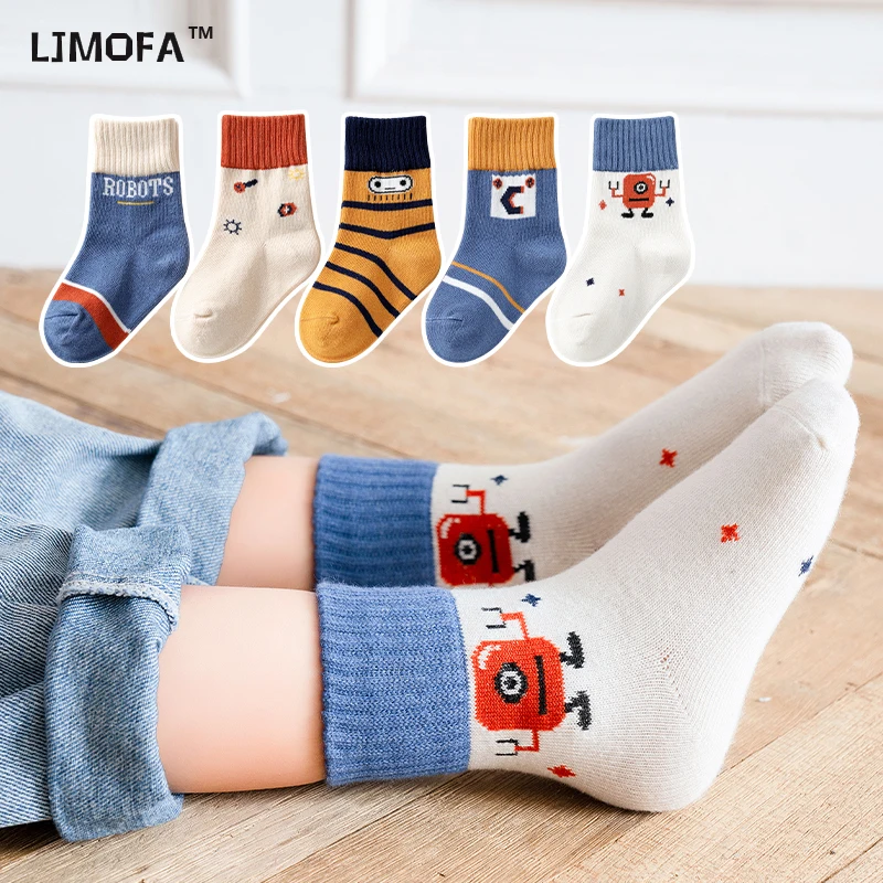 LJMOFA 5 Pairs Baby Toddler Boys Socks Warm Cotton Cute Cartoon Animal Print Kids Socks For Toddler Fashion Mid Sock 1-12Y C112