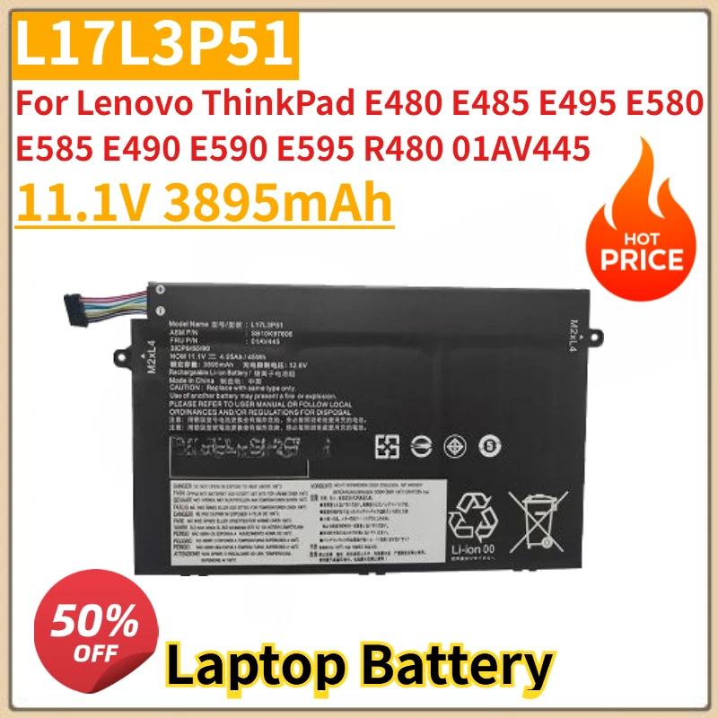 

Новый аккумулятор для ноутбука L17L3P51 11,1 В 3895 мАч для Lenovo ThinkPad E480 E485 E495 E580 E585 E490 E590 E595 R480 01AV445