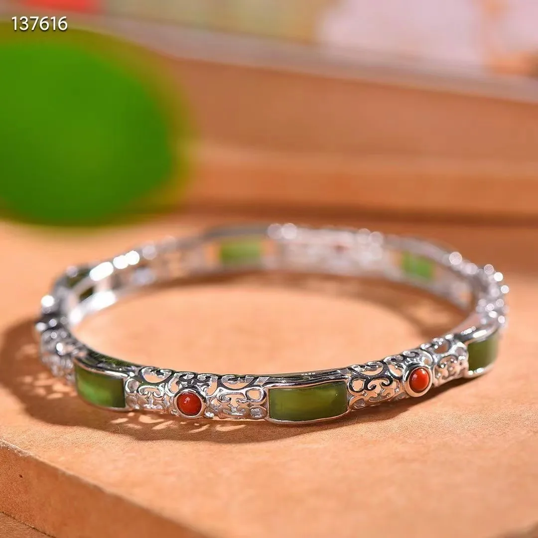 Natural open 925 sterling silver bracelet inlaid green hetian jade personality temperament ladies jewelry bangles Ladies' Gift