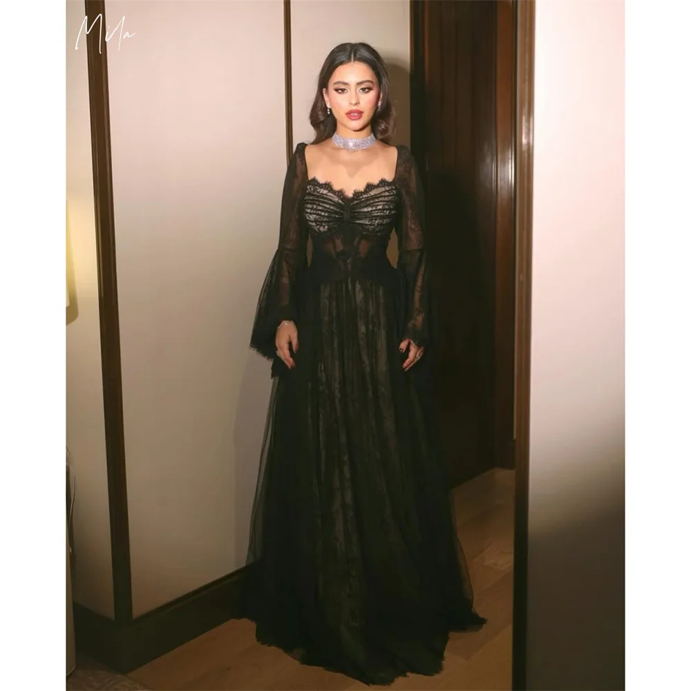 Mila A-Line Long Sleeve Simple Prom Dress Customized Black Lace Luxurious Evening Dresses  Floor-Length vestidos de fiesta 2025