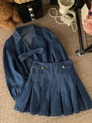 Vintage Suits Retro Denim 2 Piece Set Female French Slim Bow Design Long Sleeve Blouse + Casual Y2k Jean Skirt Korean Style 2024