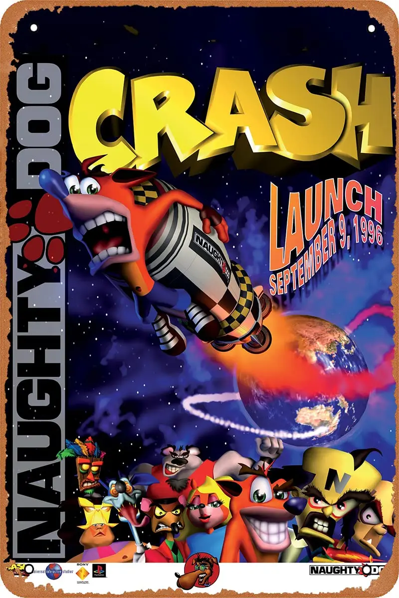 Crash Bandicoot Game Poster Retro Vintage Decor Metal Tin Sign 12X8 Inches