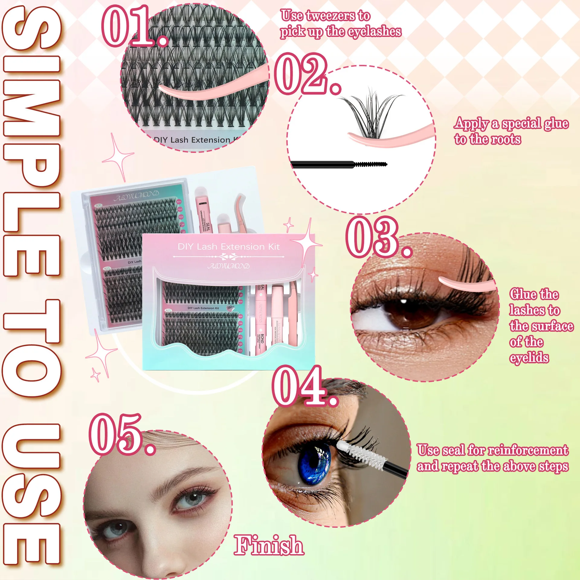 DIY Lash Extension Kit 280 PCS Individual Eyelash Extension Kit Cluster Lashes Kit Lash Glue Remover for Eyelash Extensions