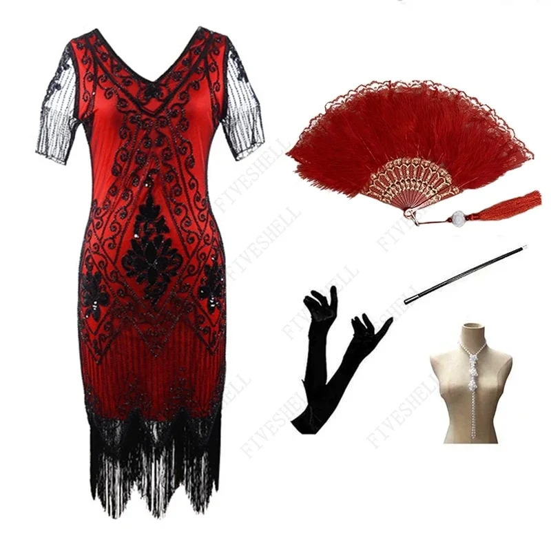 2025 New 1920 Vintage Sequins Beaded Dress Front and Back Deep V-Neck Fashion Tassel Dress Great Gatsby Cosplay Dress