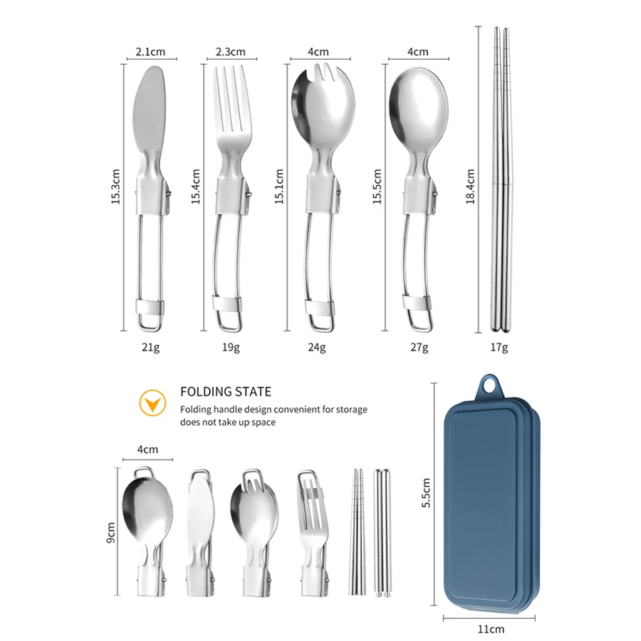 304 Stainless Steel Tableware Three Piece Set Foldableing Knife Spoon Fork and Chopsticks Storage Box Travel Compact Portable Ta
