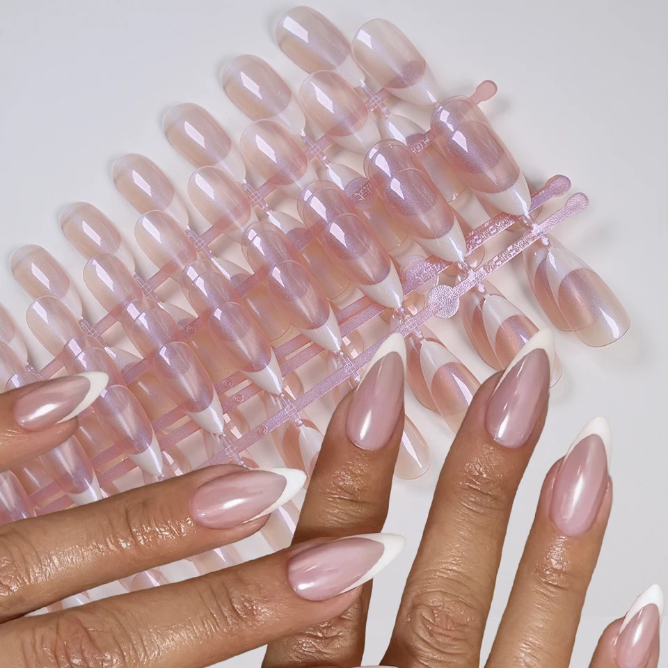 120pcs uñas postizas francesas perladas, cortas almendra, de cobertura total, borde blanco, 12 tallas, rosas 2
