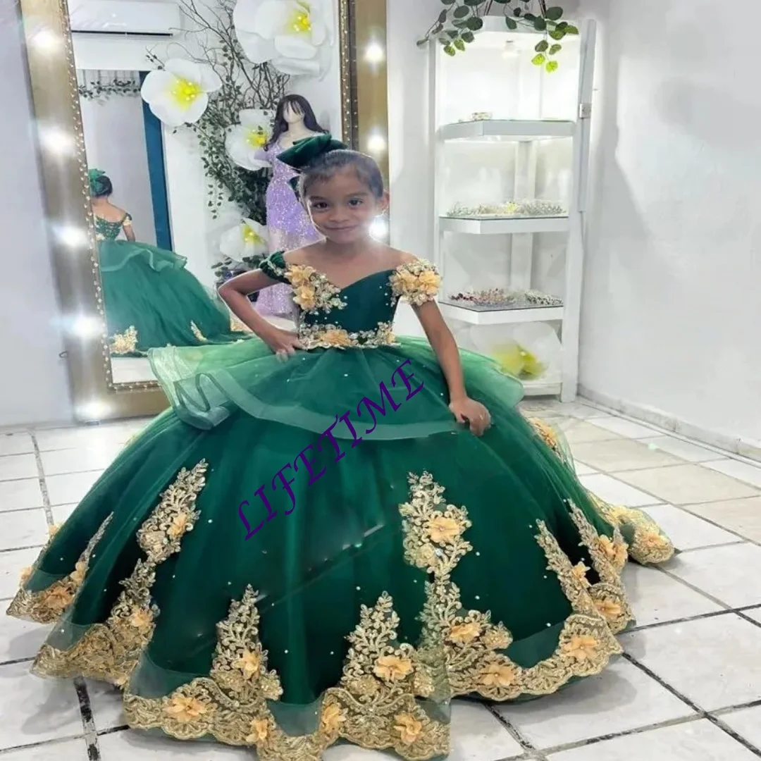 

CustomizedGreen Fluffy Flower Girl Dress With 3D Applique Ruffled Drop Shoulder Sleeves Children's First Communion Party Dress