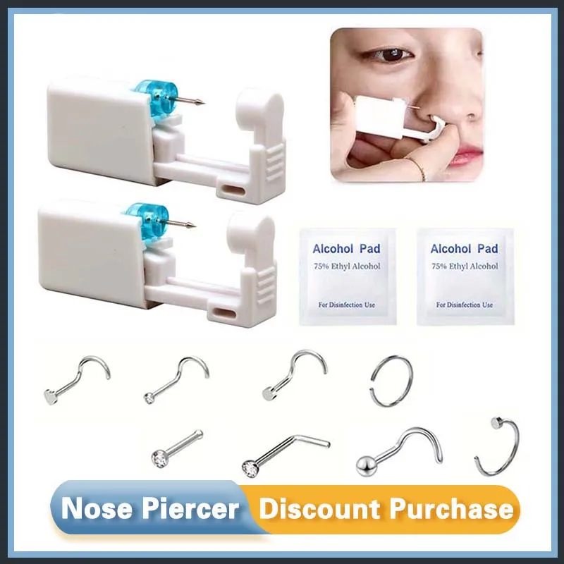 1Set Asepsis Self Nose Piercing Gun with Nose Ring-Disposable Safe Nose Piercing Machine Nose Piercer Set