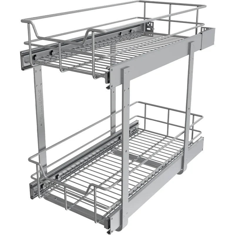 

Heavy-Duty 2-Tier Pull-Out Cabinet Organizer, 11×17in Slide-Out Drawers, Adjustable Shelves, Chrome Frame, Space-Saving Storage