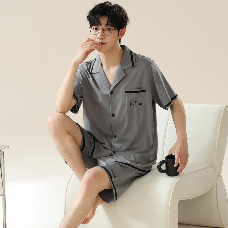 

Modal Pajamas Men's Spring and Summer Short-sleeved Cardigan Simple Casual Can Be Worn Loose Youth Loungewear Suit