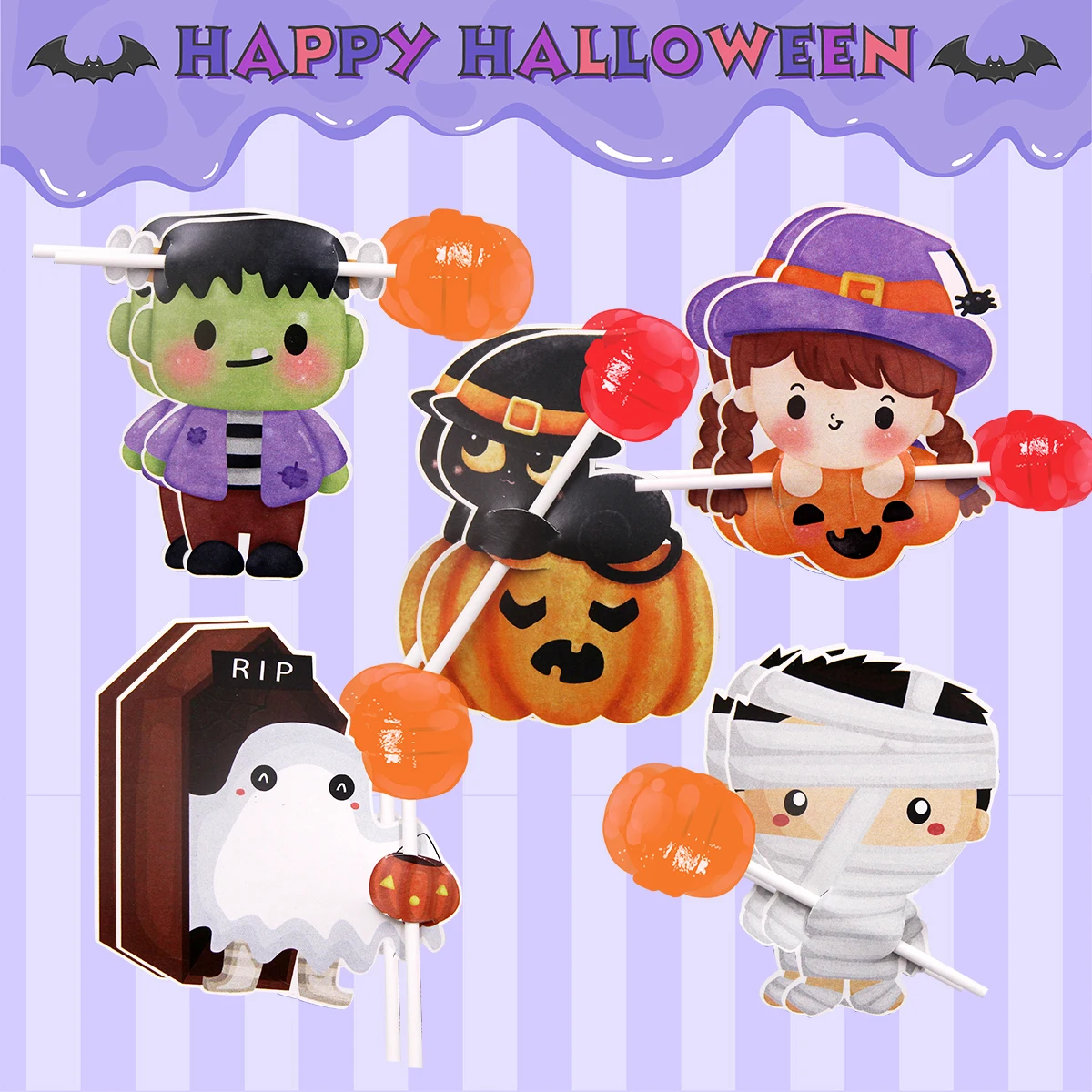 40pcs Carton Cat Ghost Lollipop Cards Halloween Candy Holders For Kids Trick or Treat Party Candy Packagings Decoration Supply