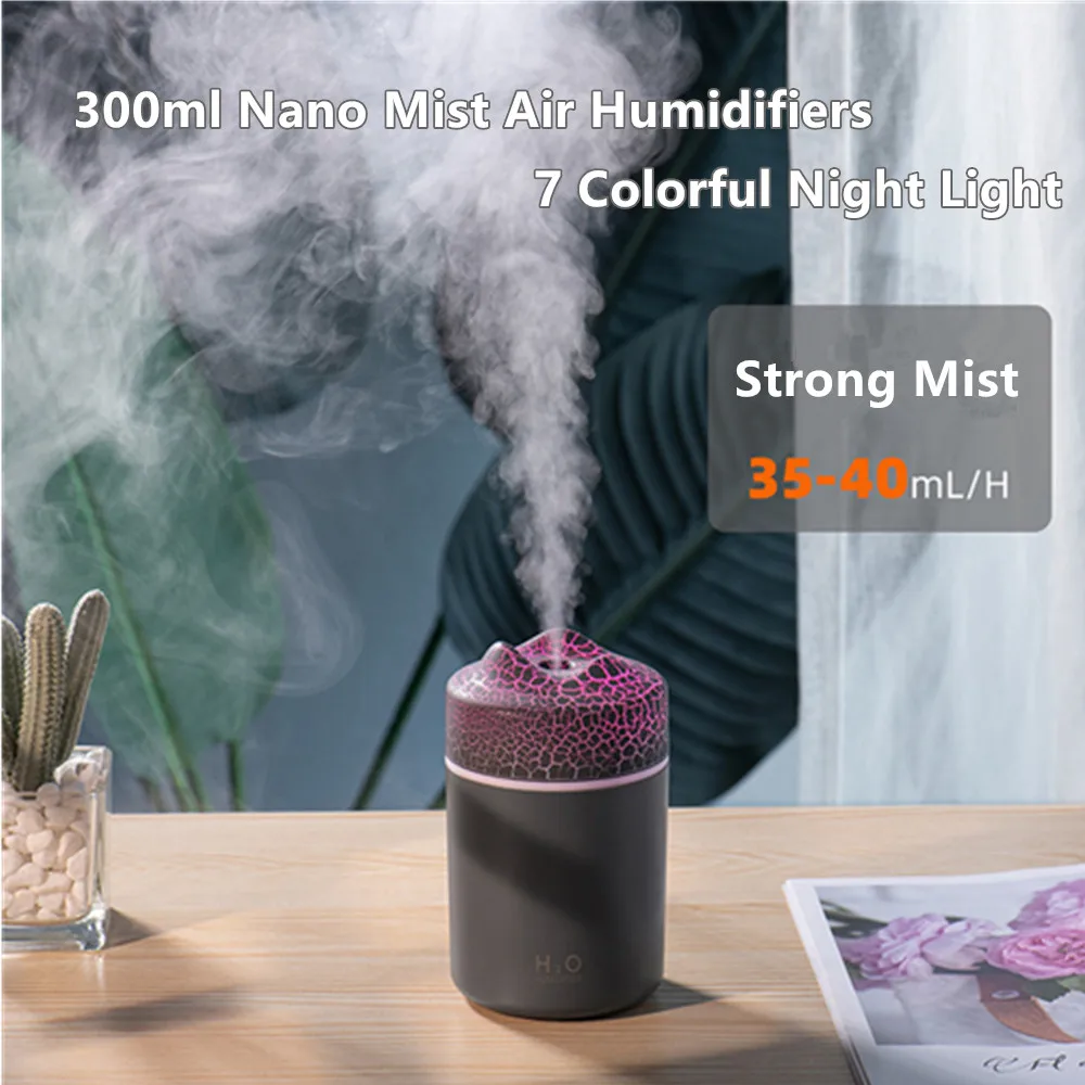 

Portable Cool Mist 300ML Quiet 2 Mist Modes Colorful Night Light USB Car Flame Humidifiers Small Air Humidifier Desktop Travel