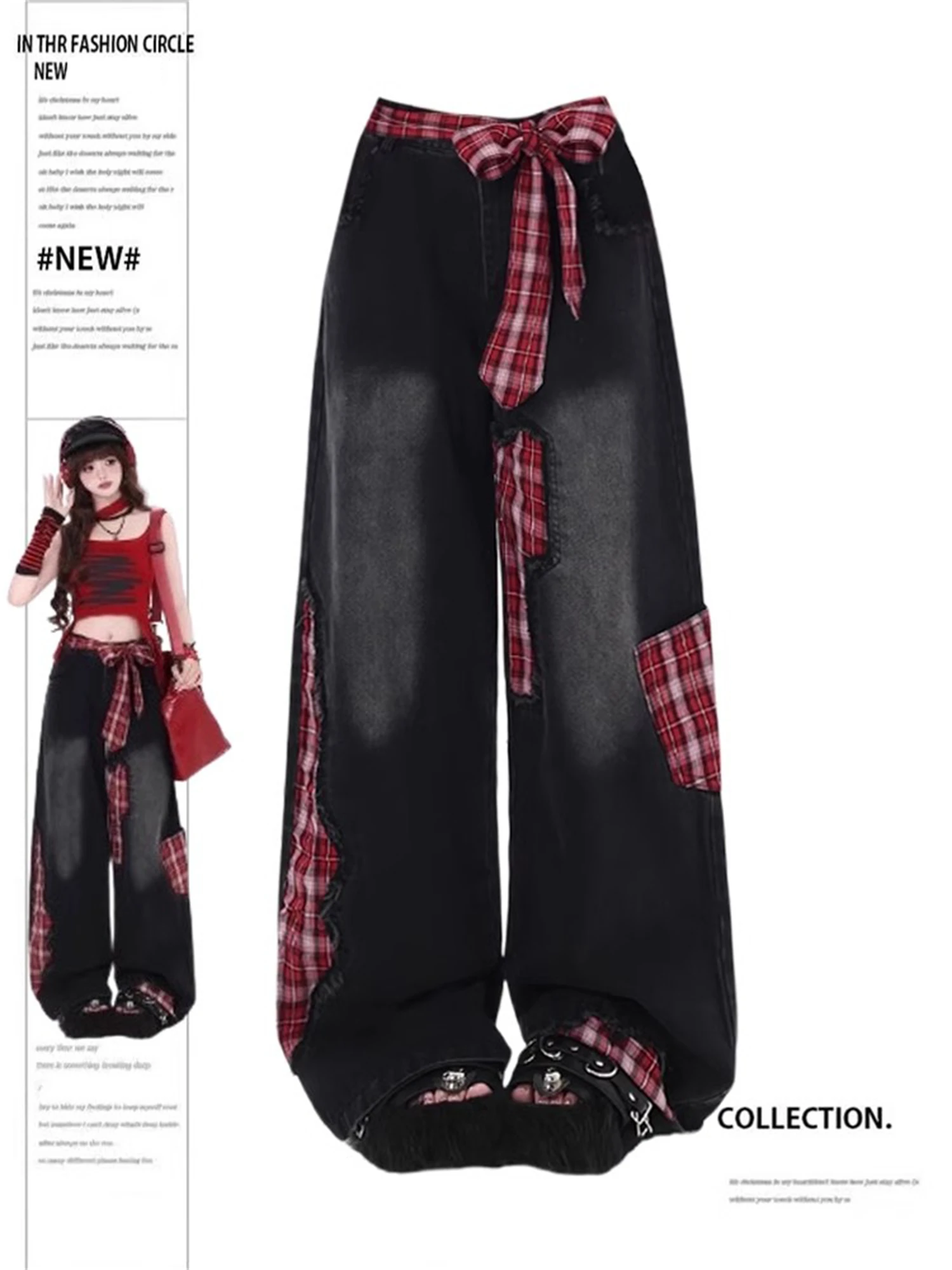 

Women's Black Denim Wide Leg Jeans New Fashion Red Plaid Patchwork Distressed High Waist Y2K Grunge Casual Streetwear Trousers