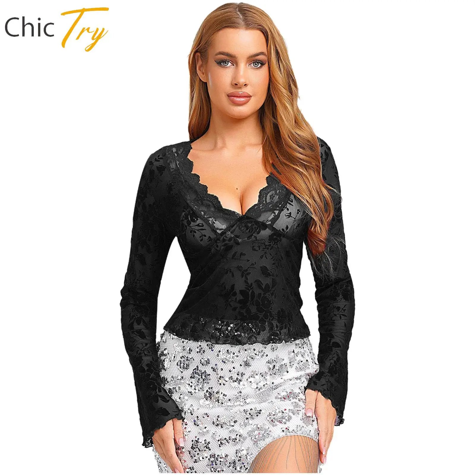 

Womens Sheer Mesh Floral Crop T-shirt Tops Long Flared Sleeve Lace Trim Blouses Velvet Flocked Slim-fit Tops Clubwear Beach Wear