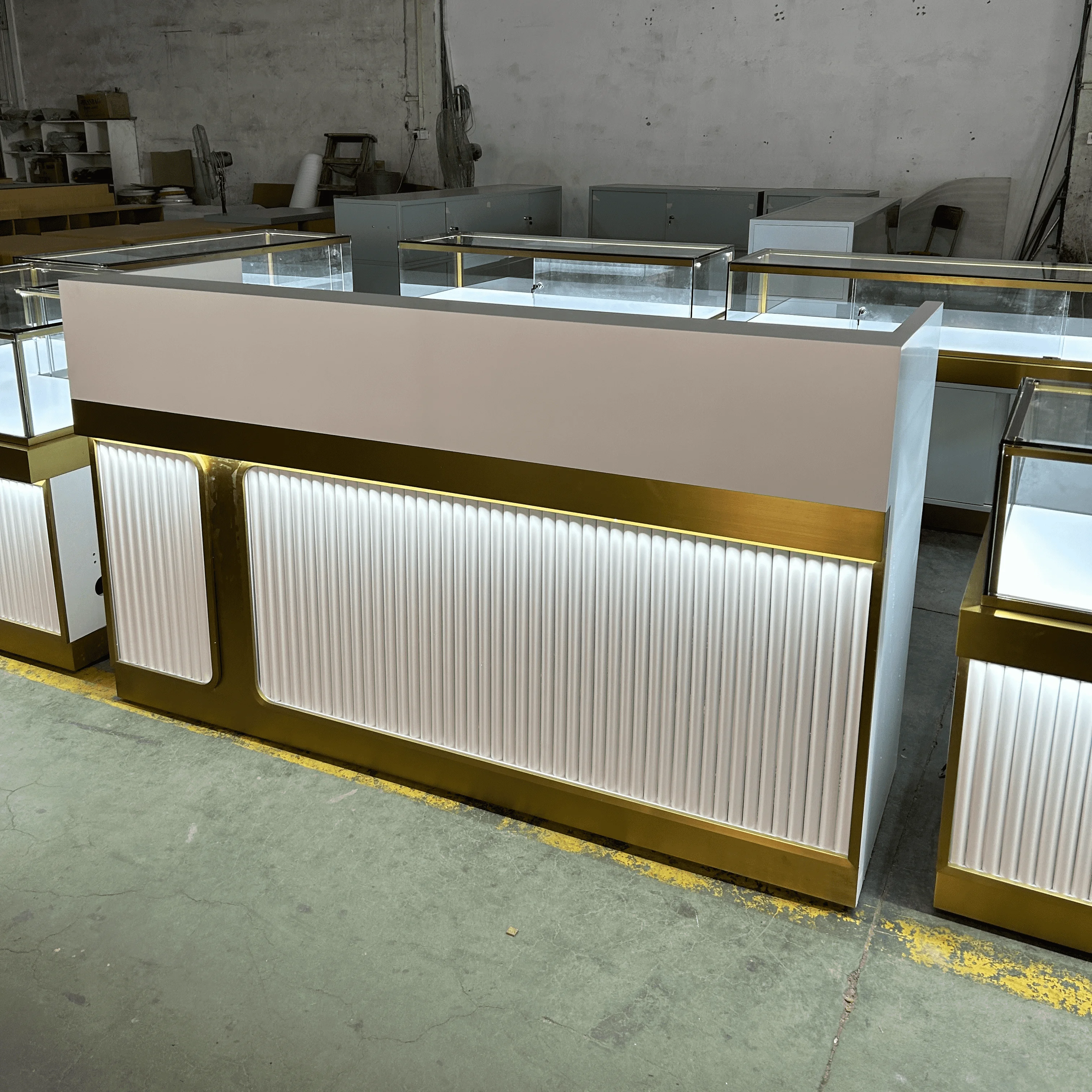 Vitrina de exhibición de joyería moderna, mostrador de tienda, gabinete de lujo de acero inoxidable, joyería, muebles de vidrio, quiosco de joyería