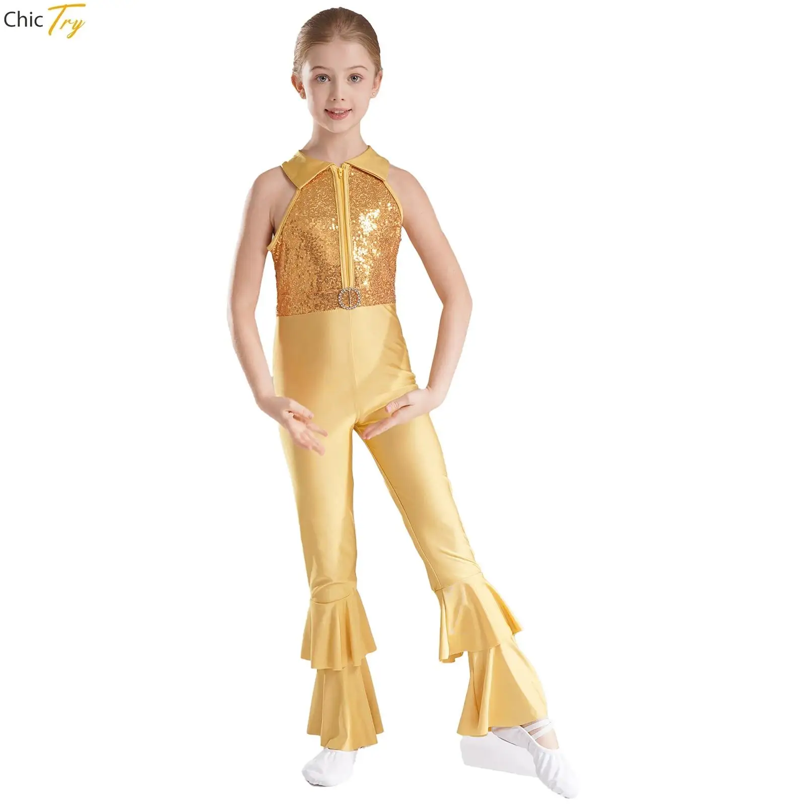 Girls Shiny Sequins Jazz Dance Performance Costumes 60s 70s Hippie Jumpsuit Latin Dancing Bell-bottom Long Pants Full Body Suit