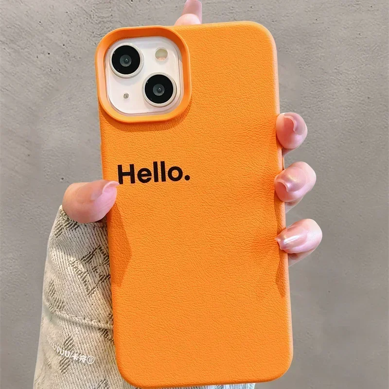 High-end Leather Solid Color Orange Hello Silicone Soft Shockproof Case For iPhone 11 12 13 14 15 16 Pro Max Silicone Cover Girl