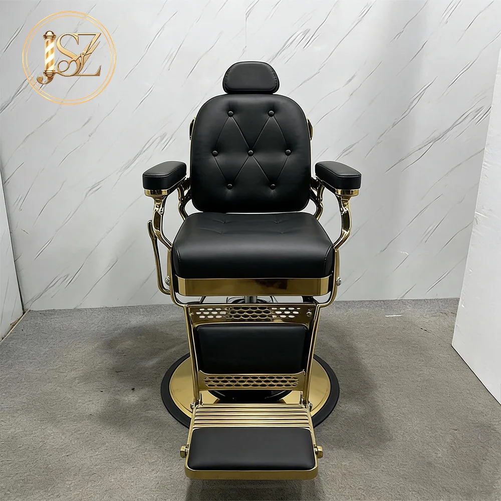 Classic Barber Reclining Chair Black Gold Modern Retro Light Luxury Style High Durability Frame for Commercial Barbershop