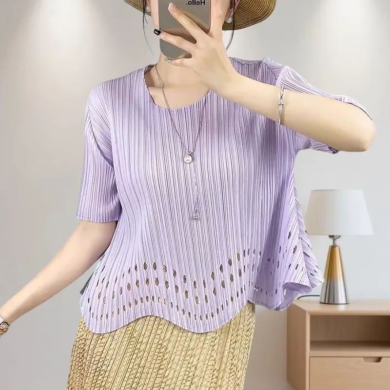 

Miyake, новая однотонная футболка с круглым вырезом и короткими рукавами, полые женские топы, простые свободные, большого размера с эластичной тонкой секцией