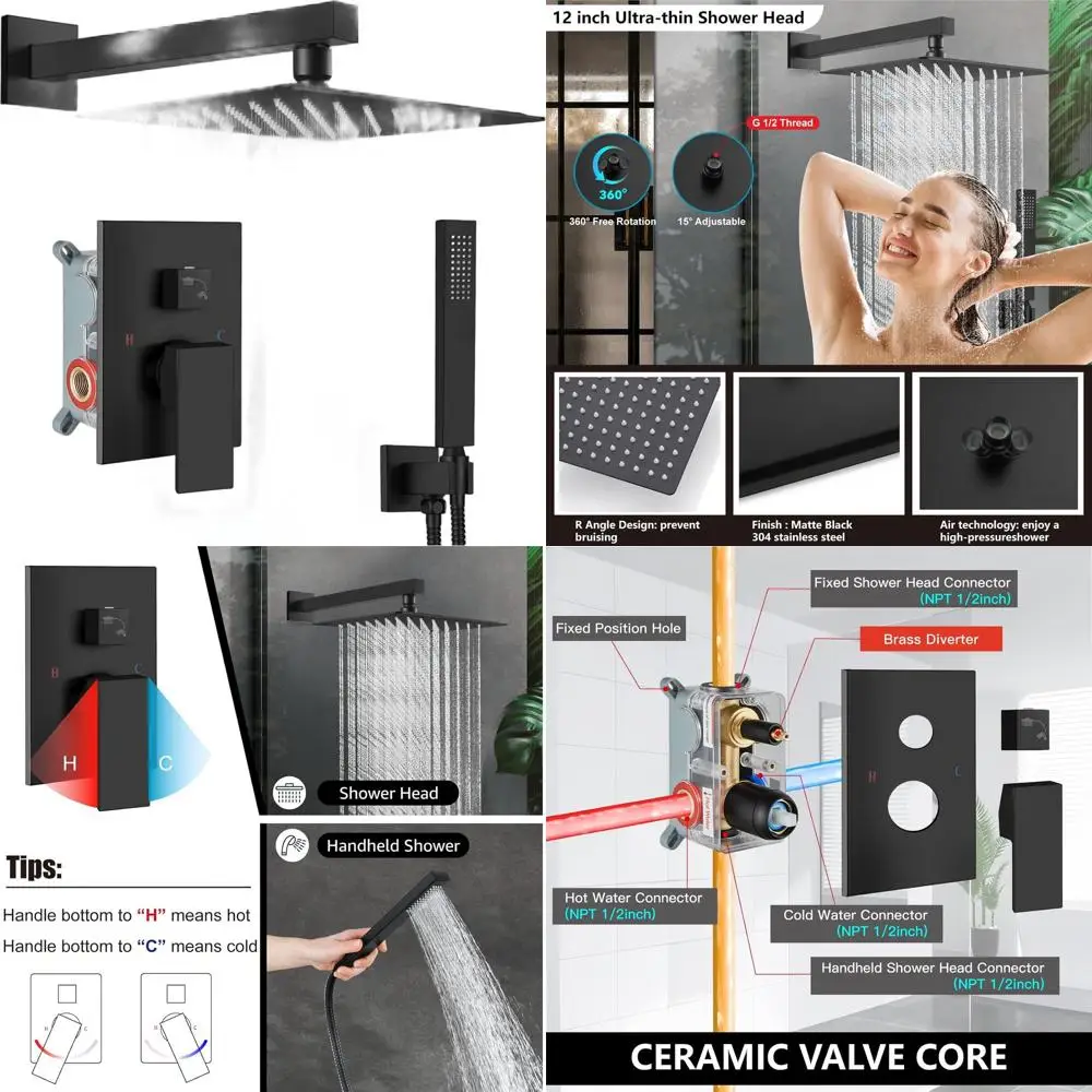 

12-дюймовая матовая черная настенная душевая система с квадратной тропической лейкой и ручным душем, включая корпус для скрытого монтажа и отделку