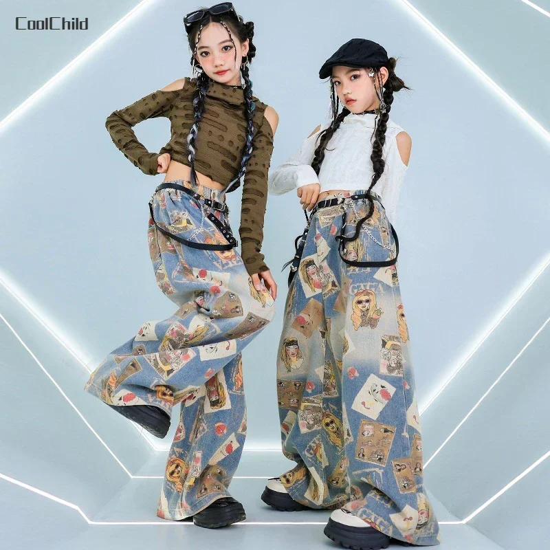 Girls Hip Hop Crop Ripped Off Shoulder Hoodies Poker Jeans Kids Denim Pants Street Dance Clothes Sets Children K-pop Costumes