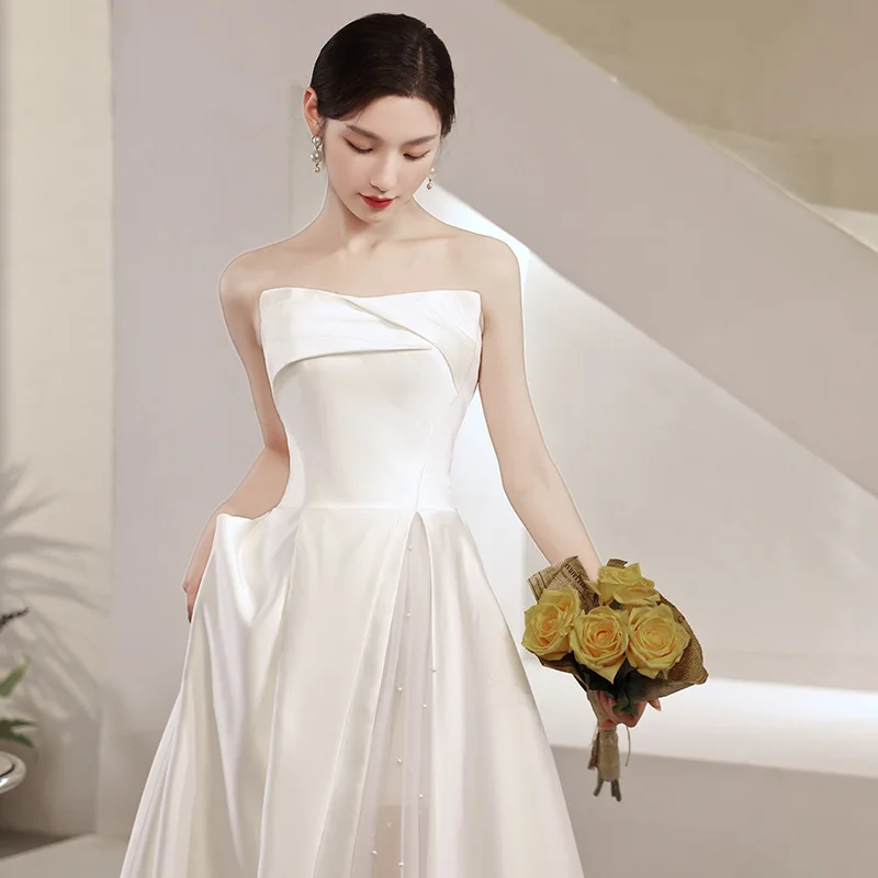 

French Light Wedding Dress, Satin Toast Dress,bride's Wedding Evening Dress,banquet One Shoulder Temperament, Travel Photography