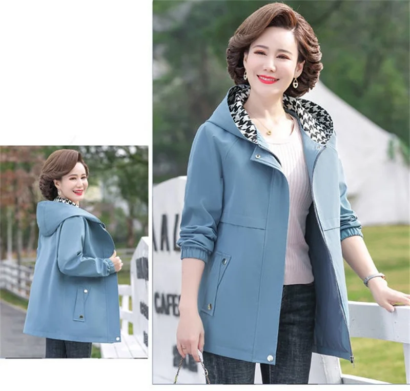 New Middle-aged Elderly Women Jacket Spring Hooded Zipper Overcoat Autumn Coats Outerwear Mother Clothes Female Windbreakers 5XL