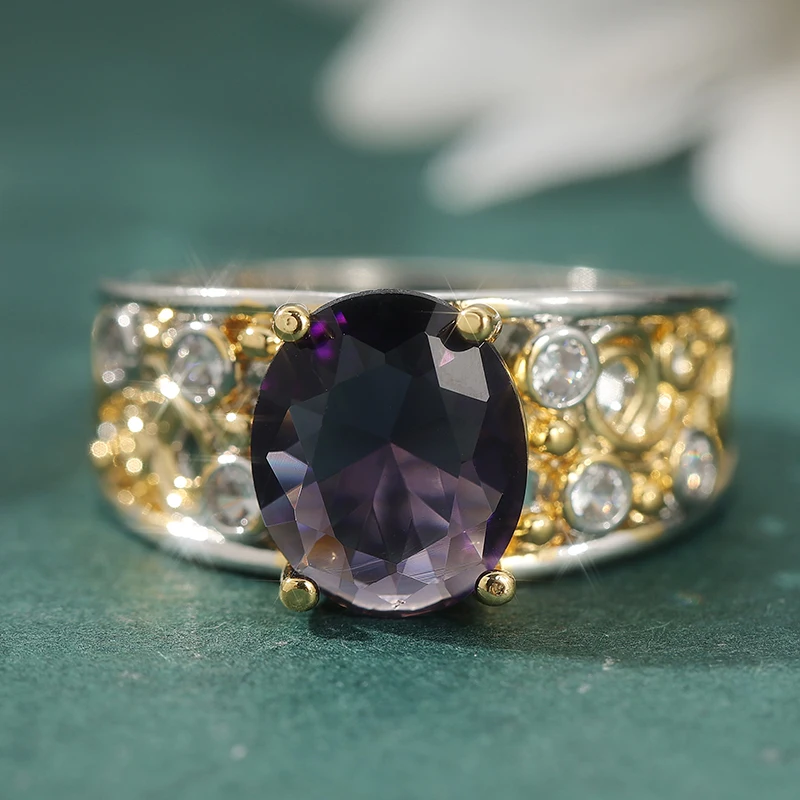 Vintage-Ring für Damen mit eingelegten weißen und violetten CZ-Steinen, schillernd, zweifarbig, handgeschnitzt, hohl, für den täglichen Gebrauch, Party-Schmuck, Jubiläumsgeschenk – Detail 3