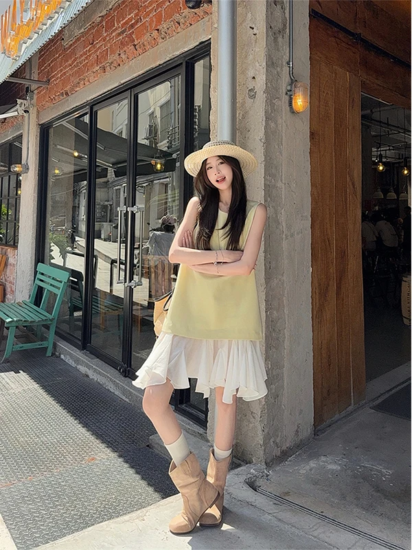 robe-gilet-style-doux-Elegante-et-intemporelle-pour-l'Ete-jupe-courte-ample-a-empiecements-avec-nœud-decoratif-jingli-motif-geometrique-decontracte-couleurs-assorties